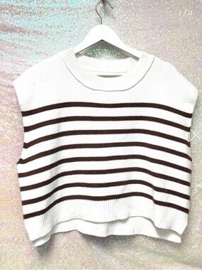 🤎Miss Love Striped Knit Sleeveless Women’s Vest - White & Brown- Comfy- Trendy🤎
